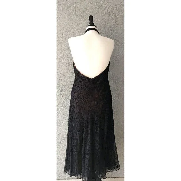 Carmen Marc Valvo Signature Halter Lace Beaded Silk Black Evening Dress Size 12 - Picture 4 of 7